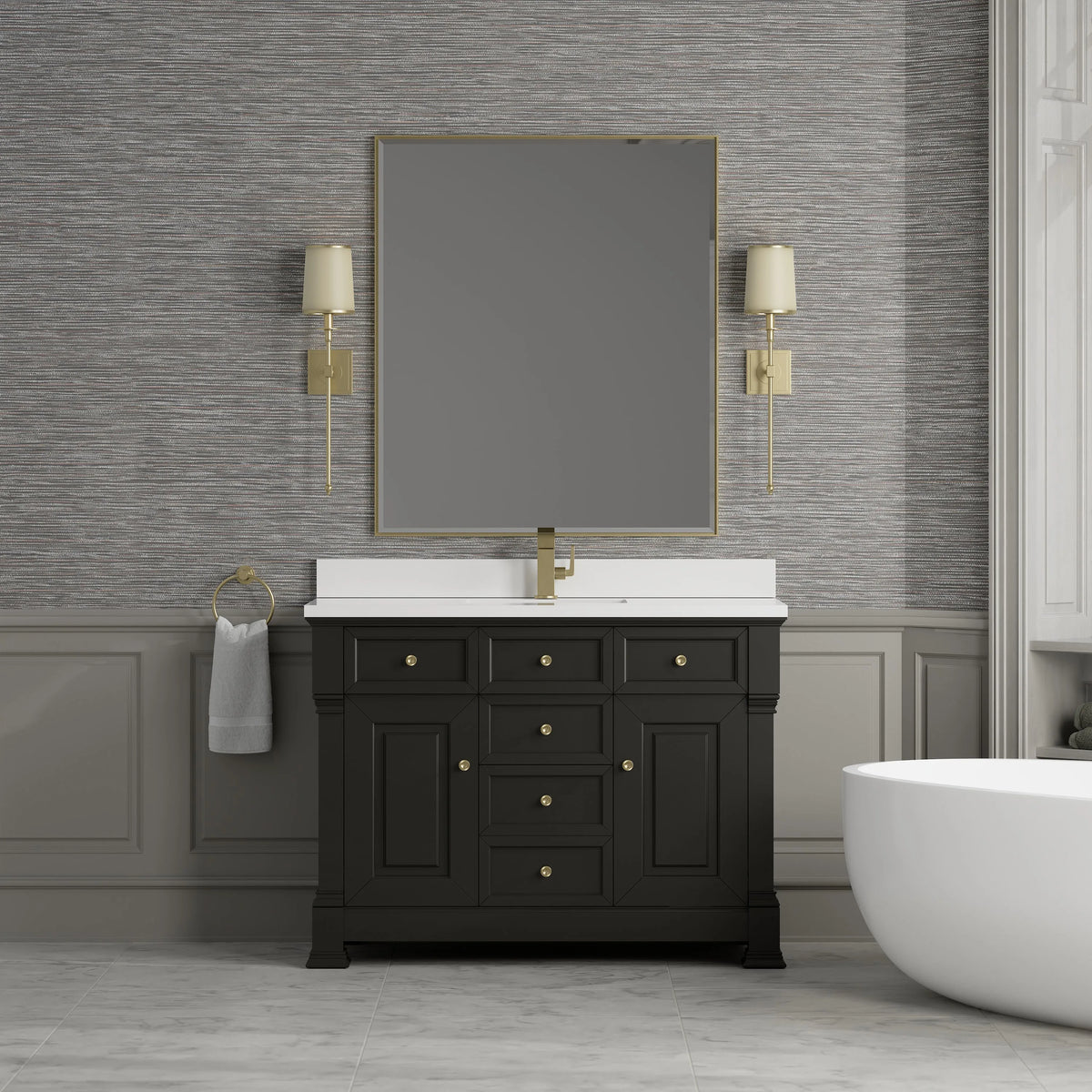 Brookfield 48" Single Vanity, Black Onyx w/ Single Hole 3 CM White Zeus Silestone Top & Backsplash