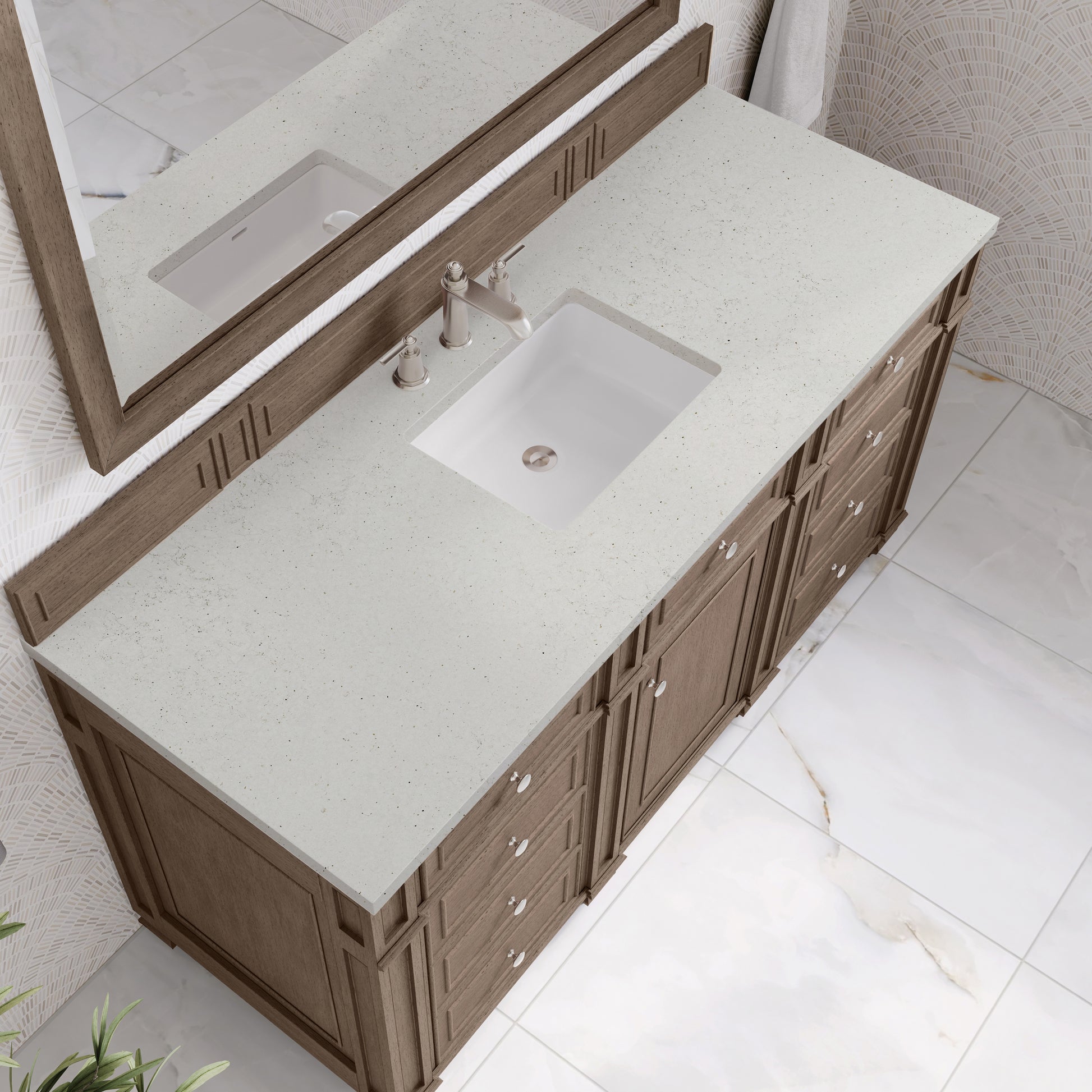 Renovate for Less Atlanta Bristol 60" Single Vanity, Whitewashed Walnut w/ 3 CM Lime Delight Silestone Top