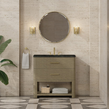 Renovate for Less Atlanta Lucian 36" Single Vanity, Pebble Oak, w/ 3 CM Phantome Eclos Widespread Top