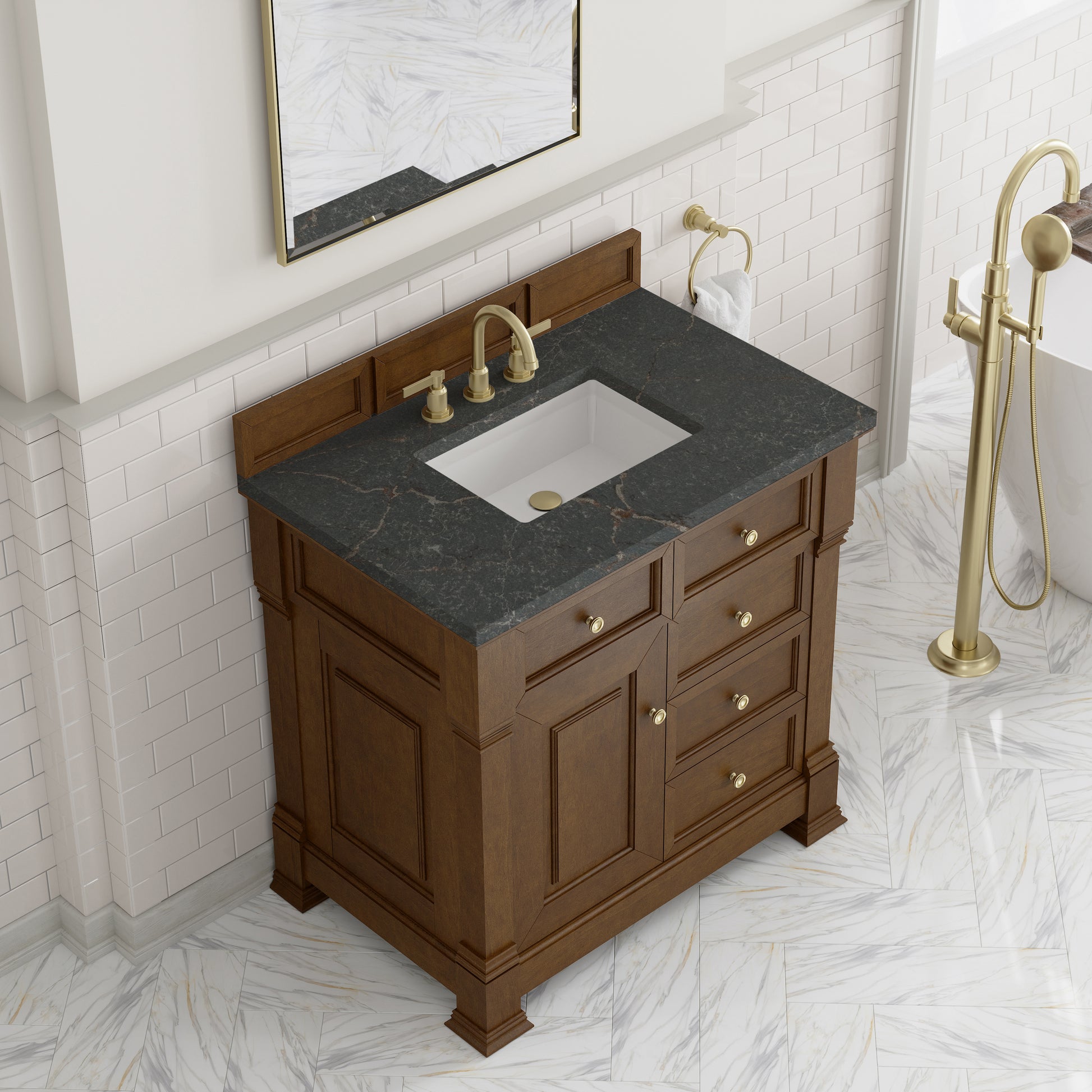 Renovate for Less Atlanta Brookfield 36" Single Vanity, Honey Oak w/ 3 CM Parisien Bleu Silestone Top
