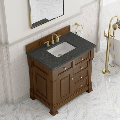 Renovate for Less Atlanta Brookfield 36" Single Vanity, Honey Oak w/ 3 CM Parisien Bleu Silestone Top