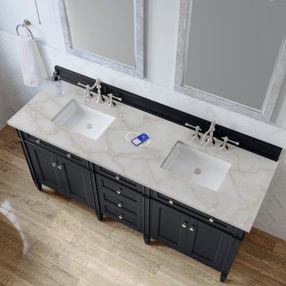 Renovate for Less Atlanta Brittany 72" Double Vanity, Black Onyx w/ 3 CM Victorian Silver Silestone Top w/FreePower Wireless Charger