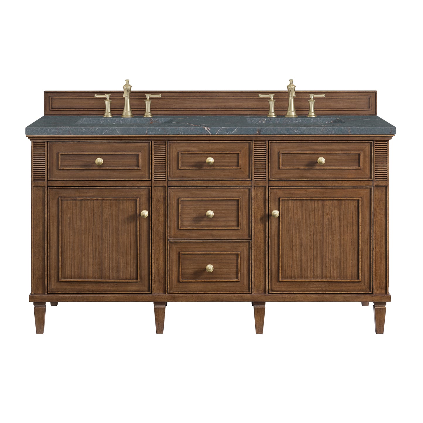 Renovate for Less Atlanta Lorelai 60" Double Vanity, Mid-Century Walnut w/ 3 CM Parisien Bleu Silestone Top w/FreePower Wireless Charger