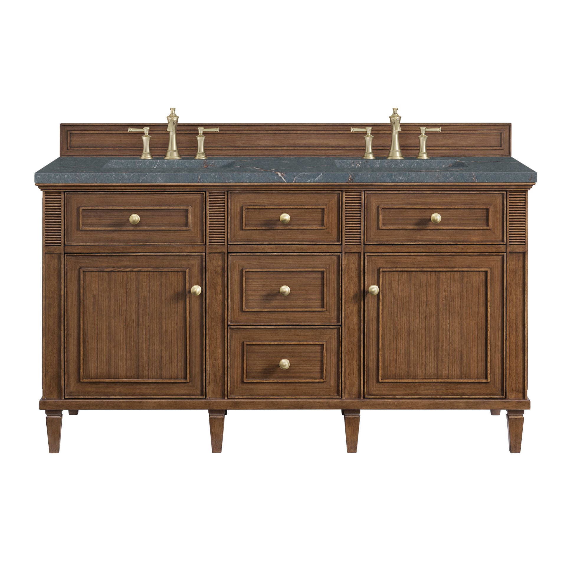 Renovate for Less Atlanta Lorelai 60" Double Vanity, Mid-Century Walnut w/ 3 CM Parisien Bleu Silestone Top w/FreePower Wireless Charger