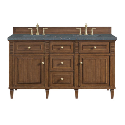 Renovate for Less Atlanta Lorelai 60" Double Vanity, Mid-Century Walnut w/ 3 CM Parisien Bleu Silestone Top w/FreePower Wireless Charger