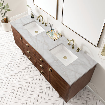 Renovate for Less Atlanta Amberly 72" Double Vanity, Mid-Century Walnut w/ 3 CM Victorian Silver Top
