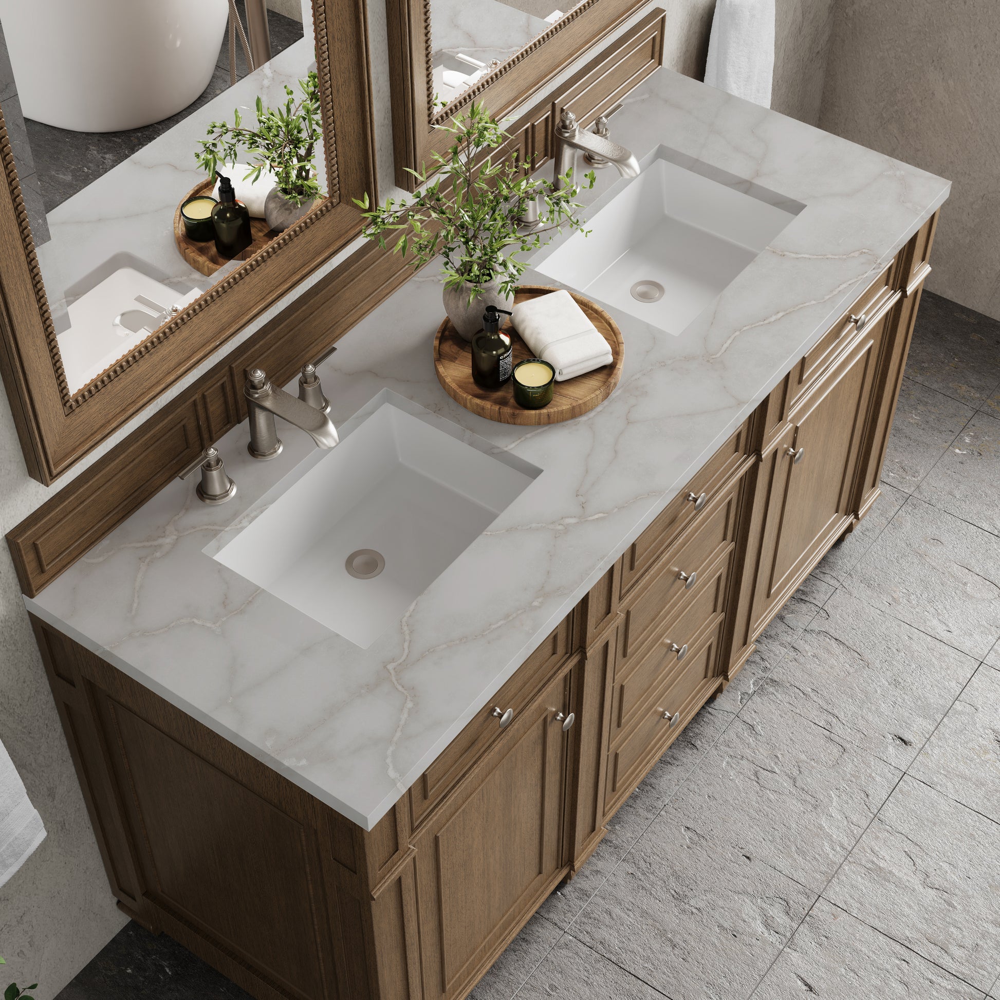 Renovate for Less Atlanta Bristol 60" Double Vanity, Saddle Brown w/ 3 CM Victorian Silver Silestone Top