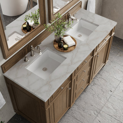 Renovate for Less Atlanta Bristol 60" Double Vanity, Saddle Brown w/ 3 CM Victorian Silver Silestone Top