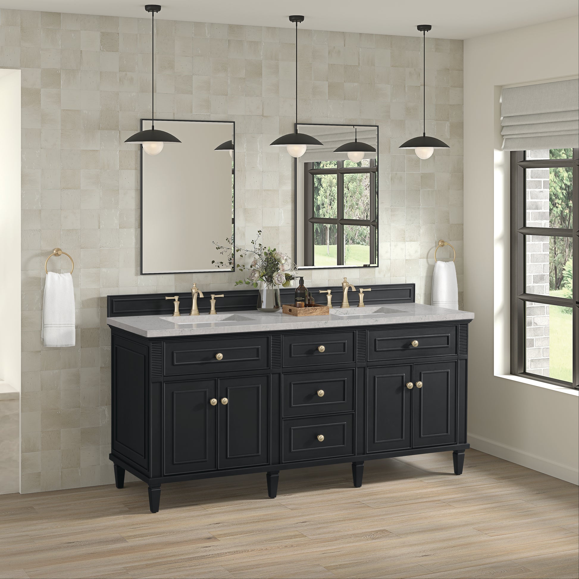Renovate for Less Atlanta Lorelai 72" Double Vanity, Black Onyx w/ 3 CM Eternal Jasmine Pearl Silestone Top w/FreePower Wireless Charger