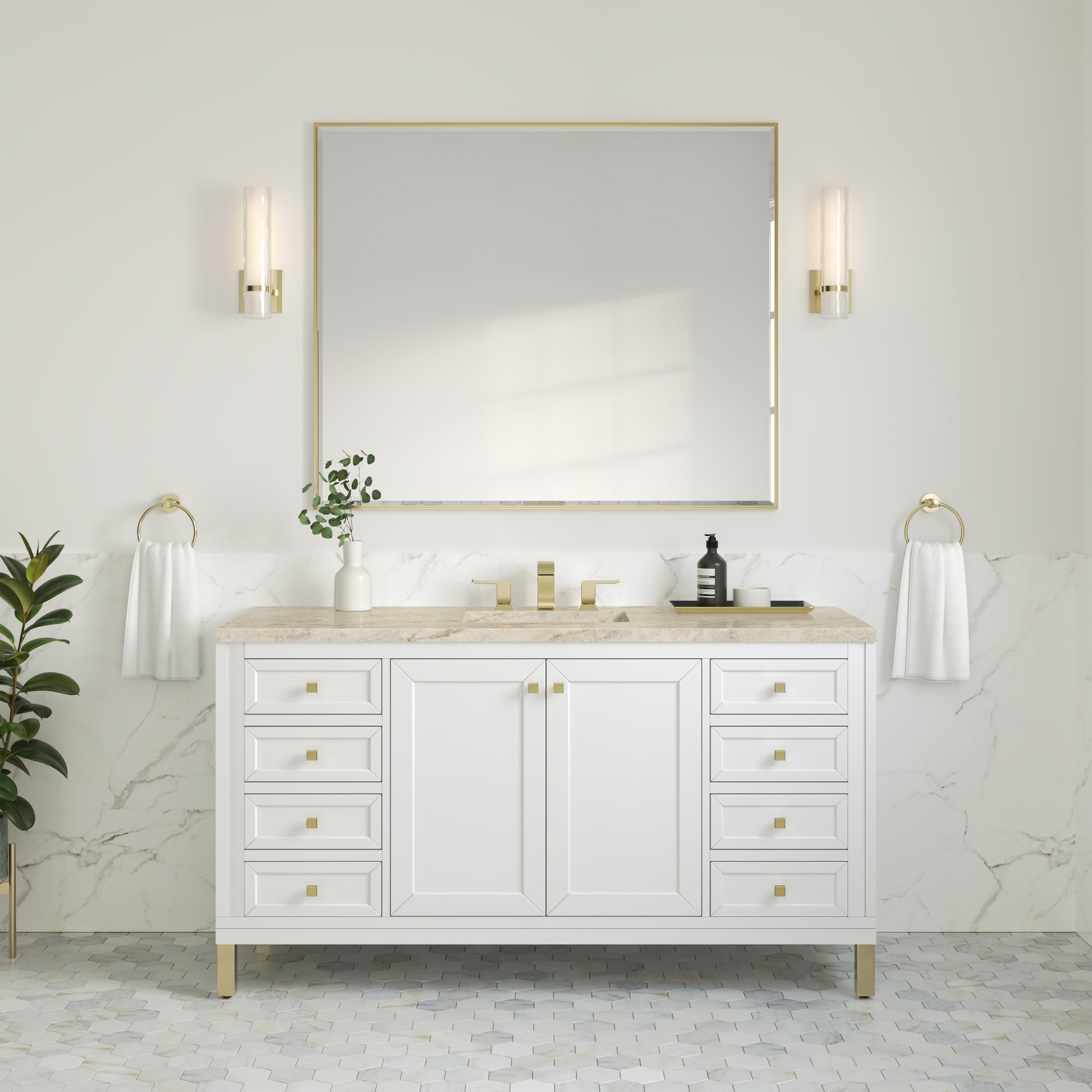 Renovate for Less Atlanta Chicago 60" Single Vanity, Glossy White, w/ 3 CM Tajnar Eclos Top w/FreePower Wireless Charger