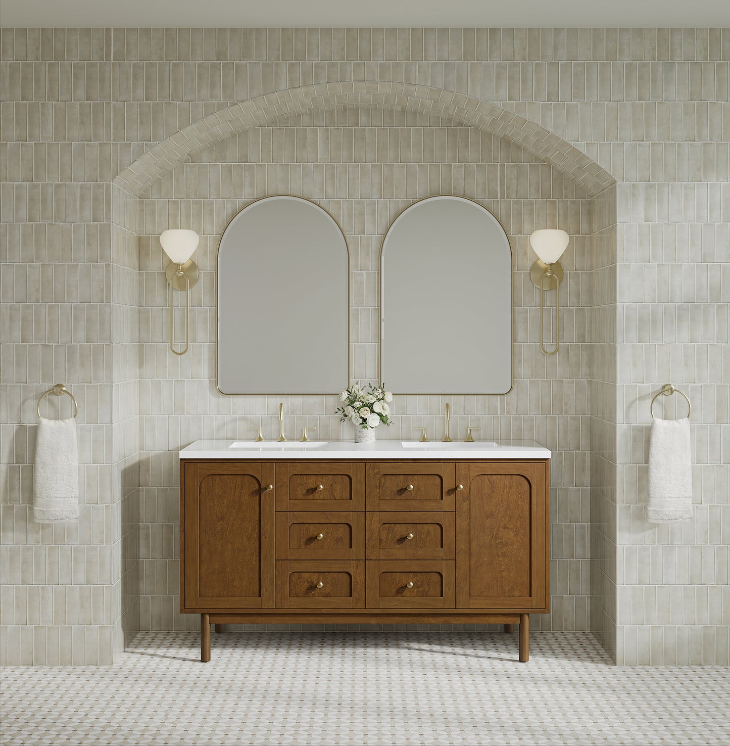 Renovate for Less Atlanta Laurent 60" Double Vanity, Honey Oak w/ 3 CM White Zeus Silestone Top