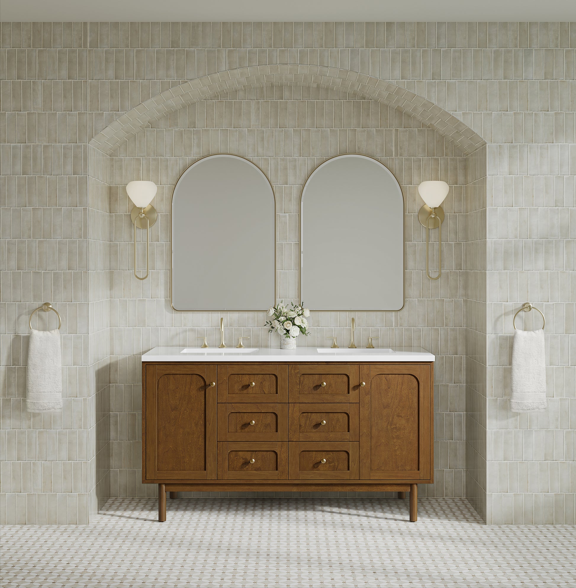 Renovate for Less Atlanta Laurent 60" Double Vanity, Honey Oak w/ 3 CM White Zeus Silestone Top