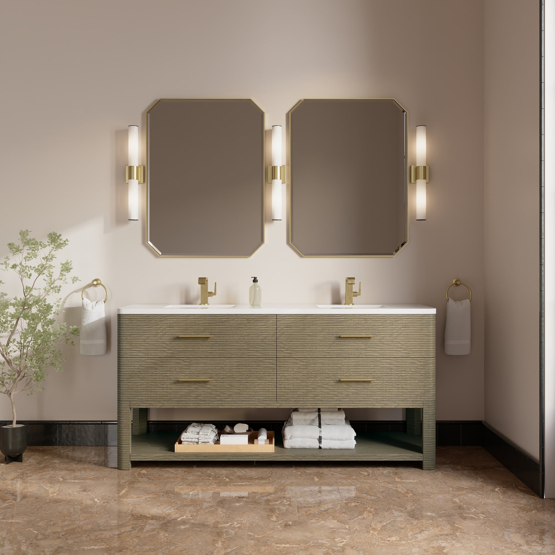 Renovate for Less Atlanta Lucian 72" Double Vanity, Pebble Oak w/ 3 CM White Zeus Silestone Top
