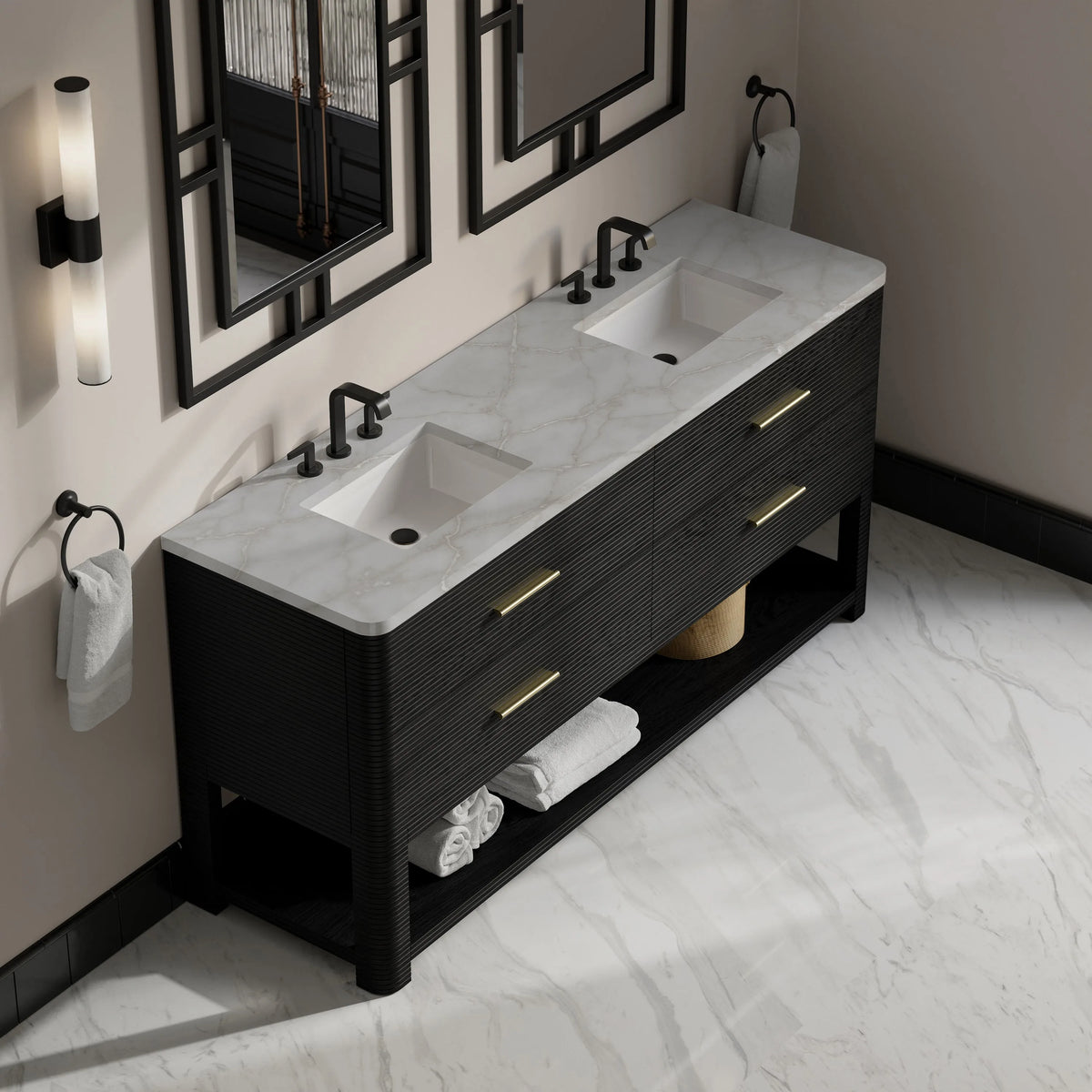 Lucian 72" Double Vanity, Carbon Oak w/ 3 CM Victorian Silver Silestone Widespread Top