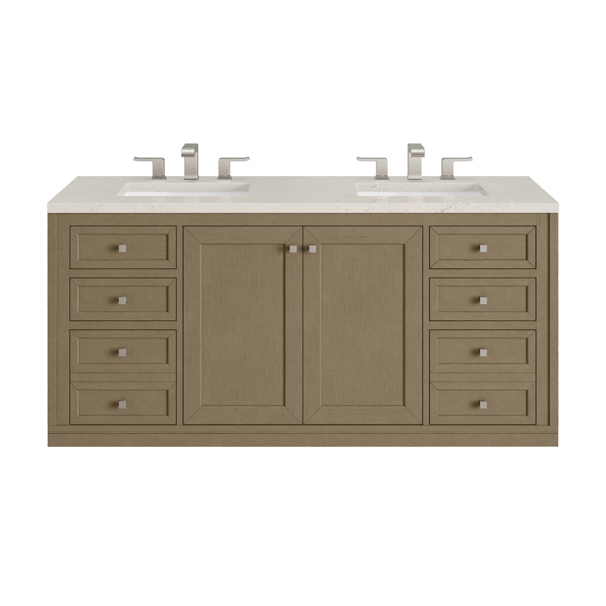 Renovate for Less Atlanta Chicago 60" Double Vanity, Walnut Whisper, w/ 3 CM Siberian Silestone Top w/FreePower Wireless Charger