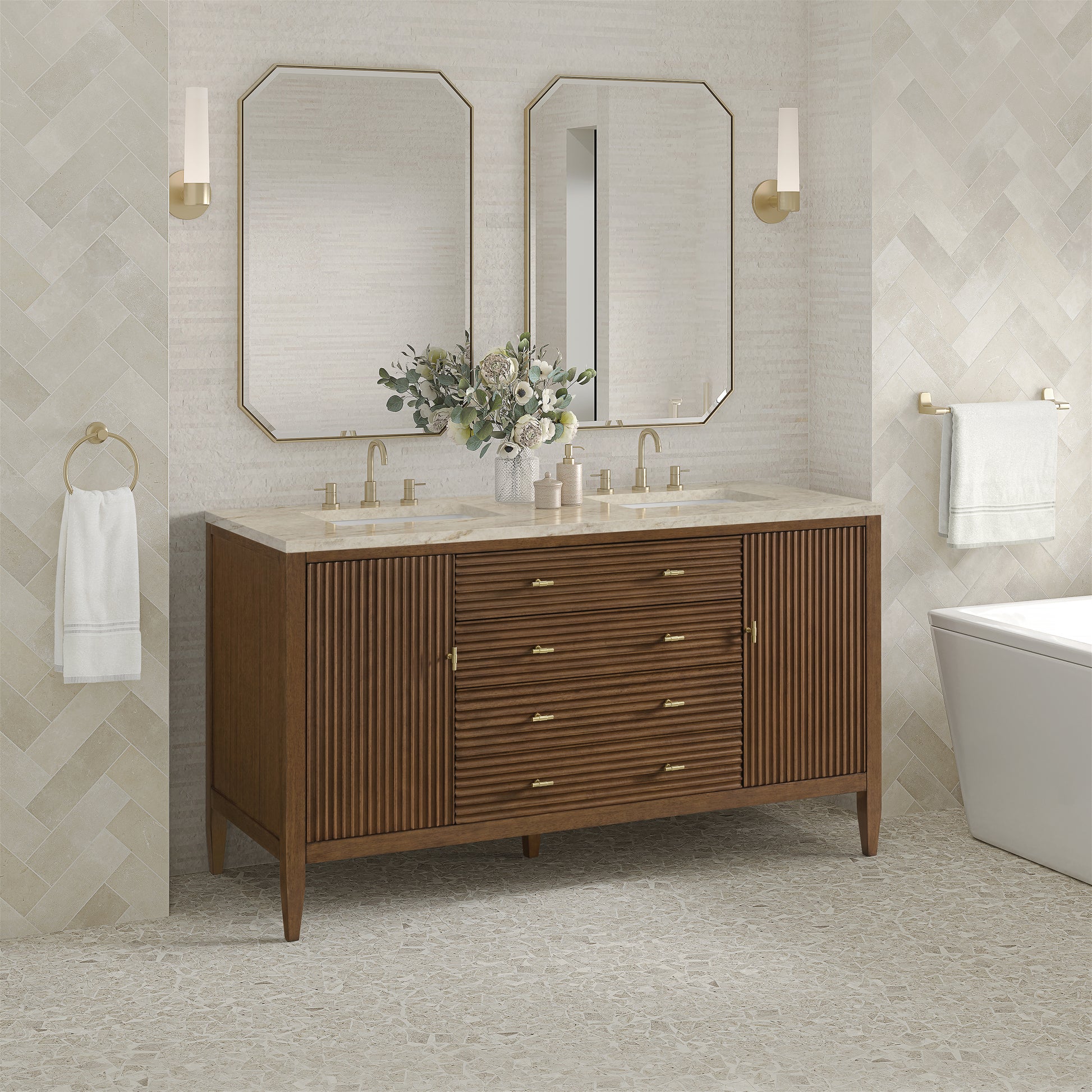 Renovate for Less Atlanta Myrrin 60" Double Vanity, Mid Century Walnut, w/ 3 CM Tajnar Eclos Top w/FreePower Wireless Charger