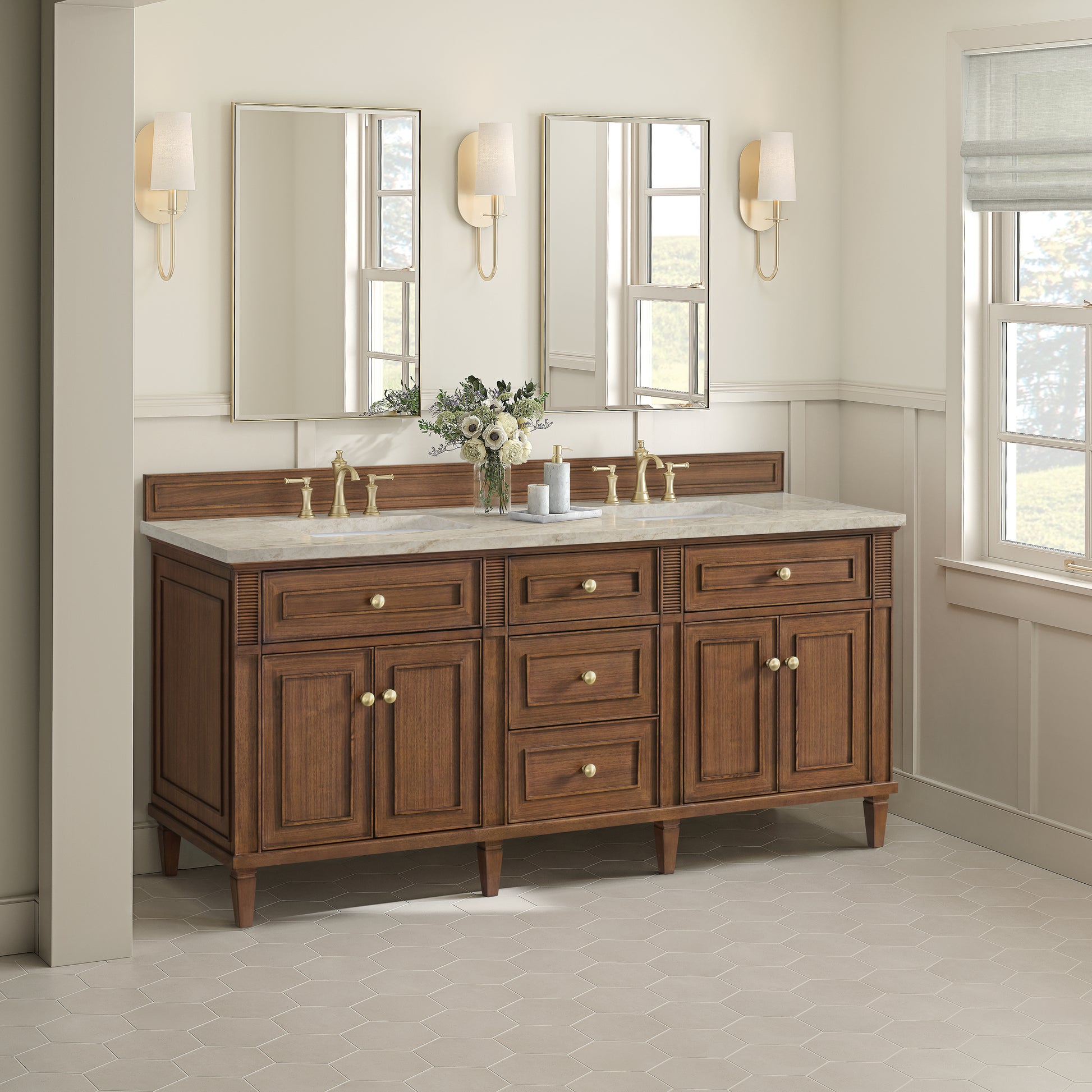 Renovate for Less Atlanta Lorelai 72" Double Vanity, Mid-Century Walnut, w/ 3 CM Tajnar Eclos Top w/FreePower Wireless Charger