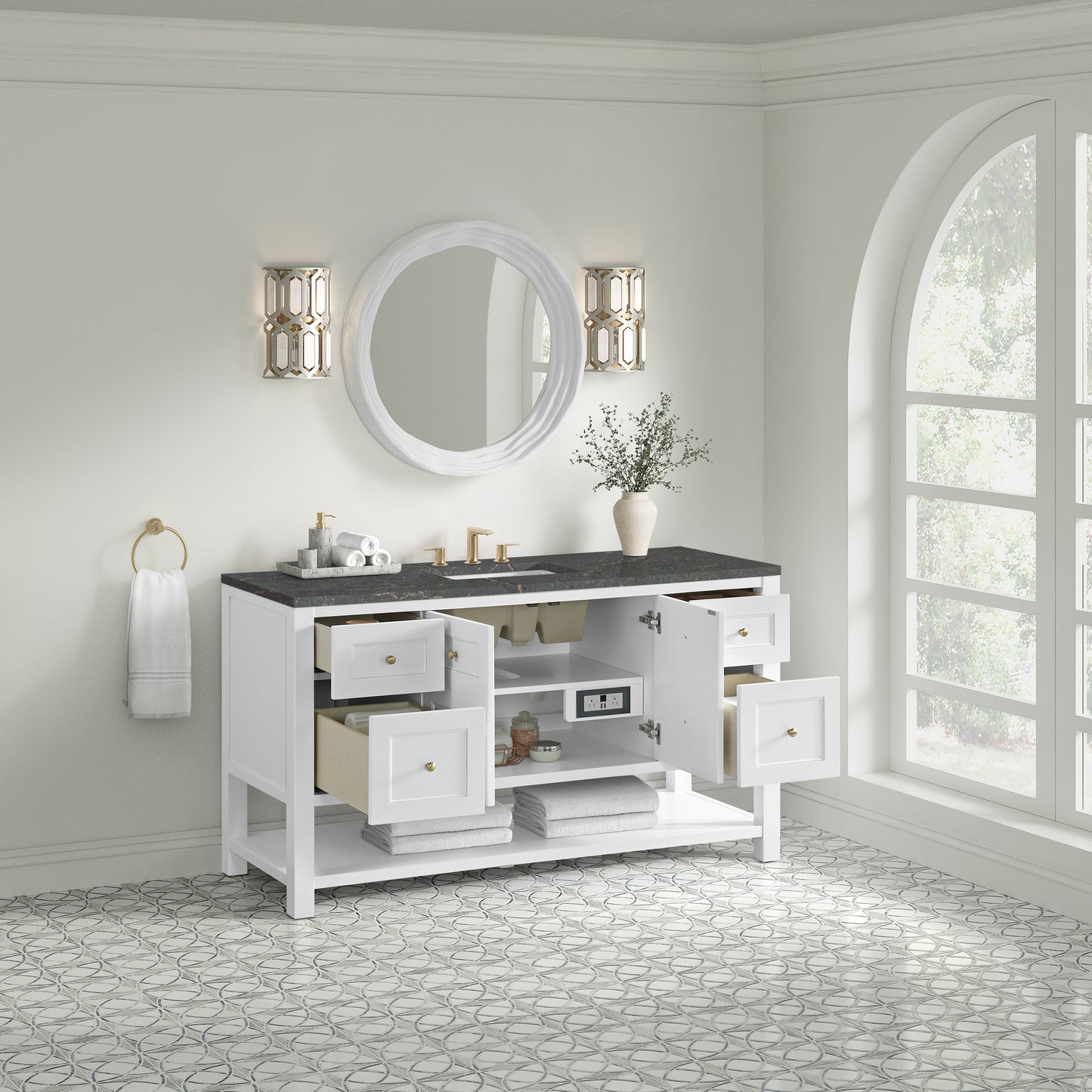 Renovate for Less Atlanta Breckenridge 60" Single Vanity Cabinet, Bright White w/ 3 CM Parisien Bleu Top w/ FreePower Wireless Charger