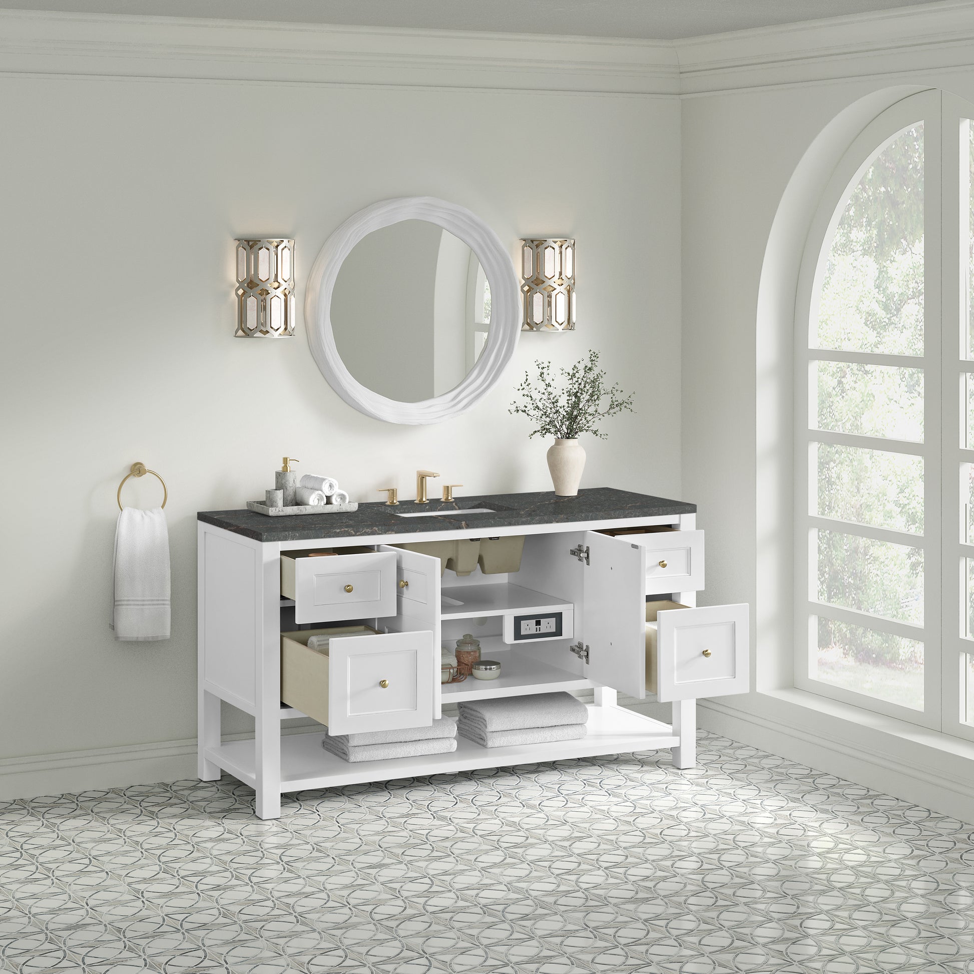 Renovate for Less Atlanta Breckenridge 60" Single Vanity Cabinet, Bright White w/ 3 CM Parisien Bleu Top w/ FreePower Wireless Charger