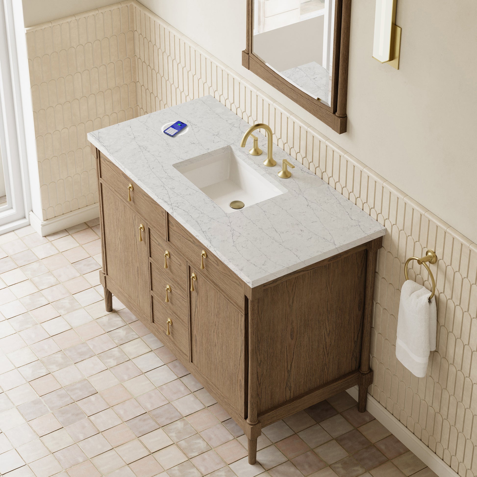 Renovate for Less Atlanta Kinnsden 48" Single Vanity, Weathered Oak w/ 3 CM Eternal Jasmine Pearl Silestone Top w/FreePower Wireless Charger