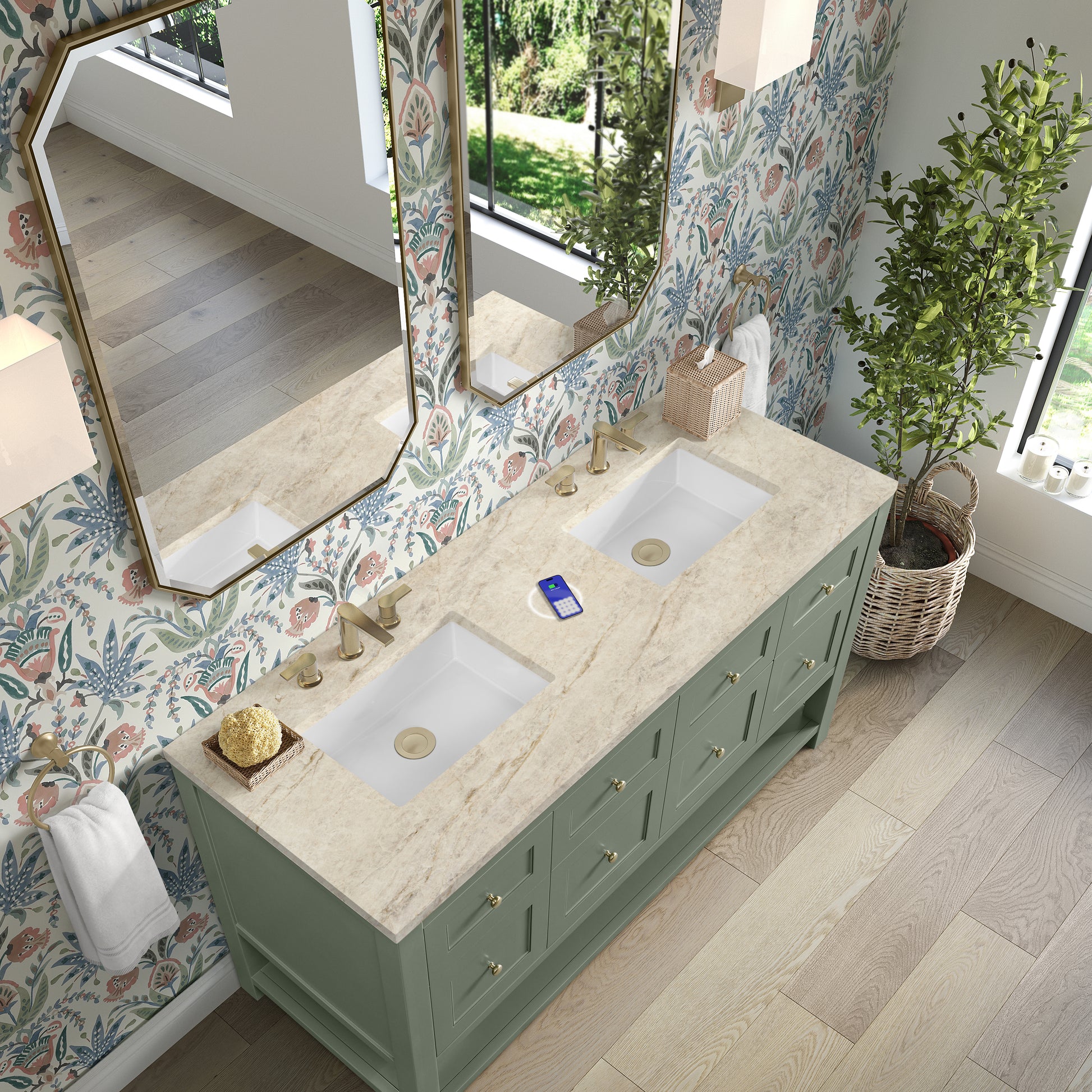 Renovate for Less Atlanta Breckenridge 60" Double Vanity, Smokey Celadon, w/ 3 CM Tajnar Eclos Top w/FreePower Wireless Charger