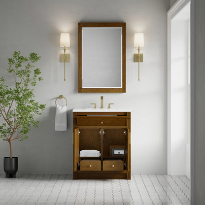 Renovate for Less Atlanta Bellshire 30" Single Vanity, Honey Oak w/ 3 CM White Zeus Silestone Top