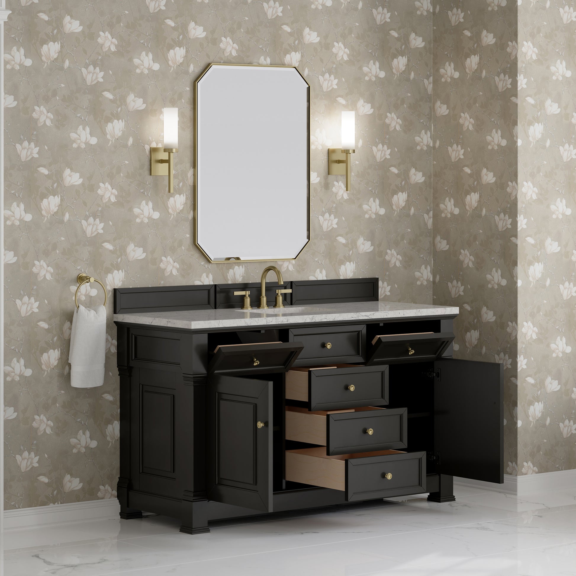 Renovate for Less Atlanta Brookfield 60" Single Vanity, Black Onyx w/3CM Eternal Jasmine Pearl Silestone Top w/ FreePower Wireless Charger