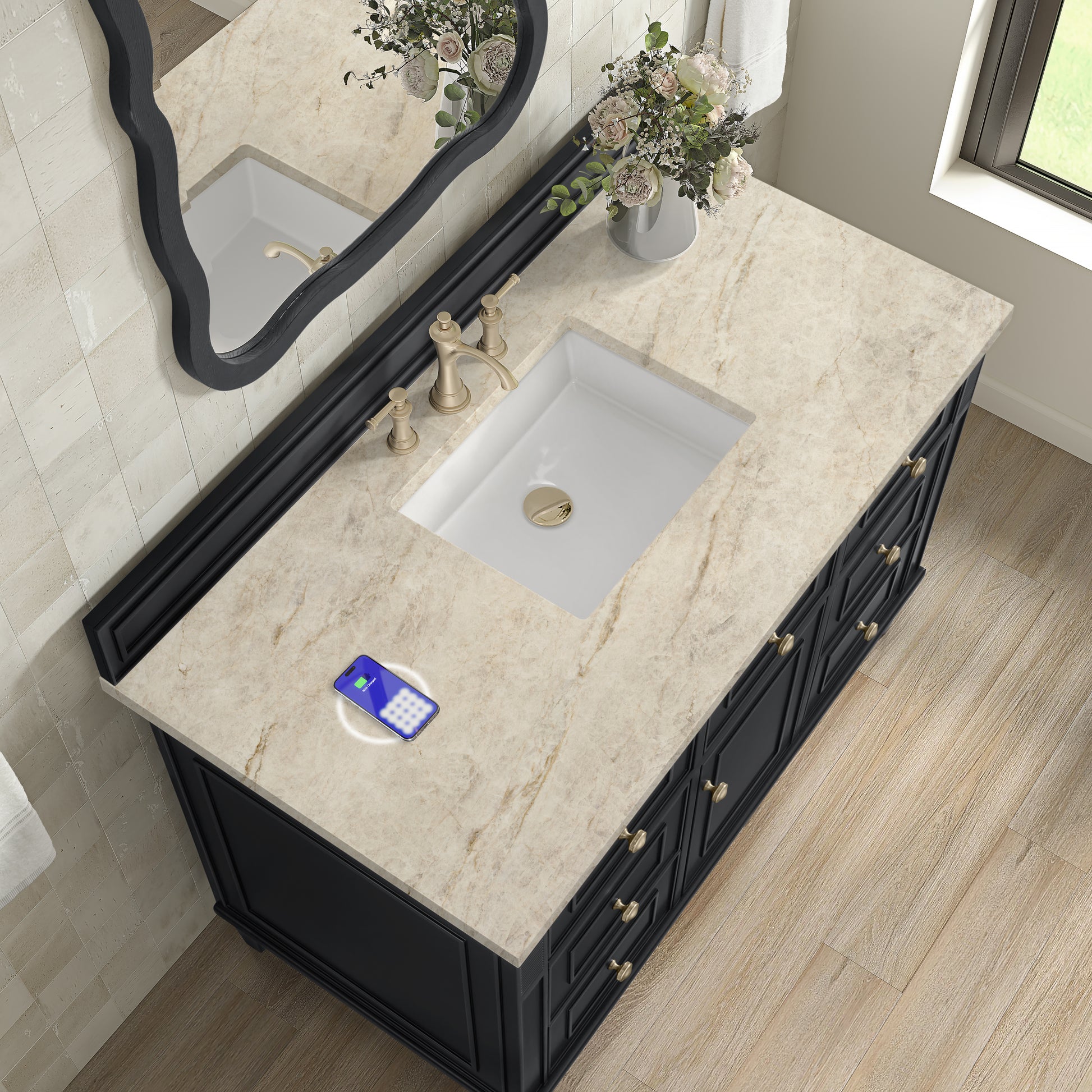 Renovate for Less Atlanta Lorelai 48" Single Vanity, Black Onyx, w/ 3 CM Tajnar Eclos Top w/FreePower Wireless Charger