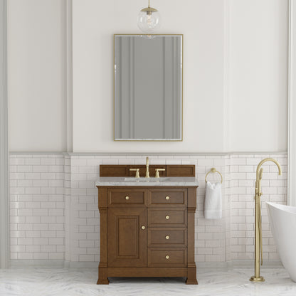 Renovate for Less Atlanta Brookfield 36" Single Vanity, Honey Oak w/ 3 CM Eternal Jasmine Pearl Silestone Top