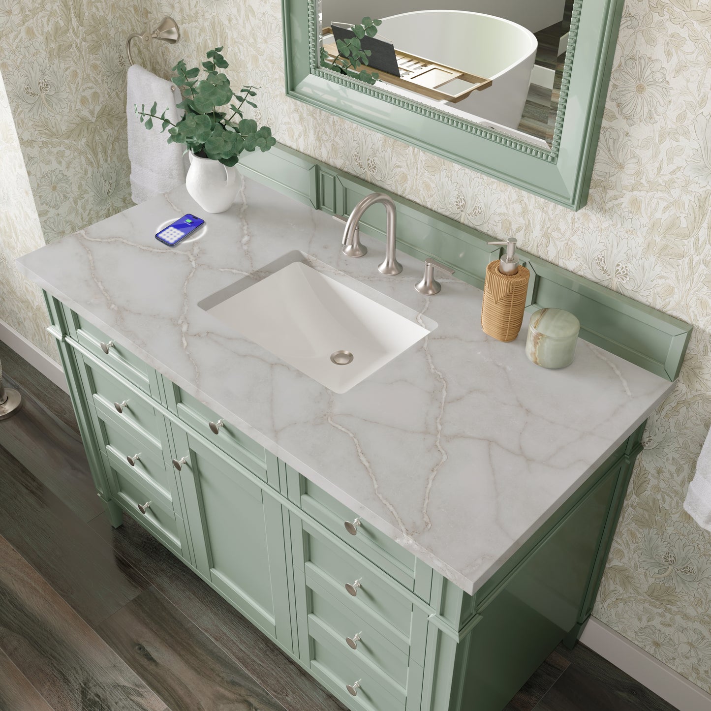 Renovate for Less Atlanta Brittany 48" Single Vanity, Sage Green w/ 3 CM Victorian Silver Silestone Top w/FreePower Wireless Charger