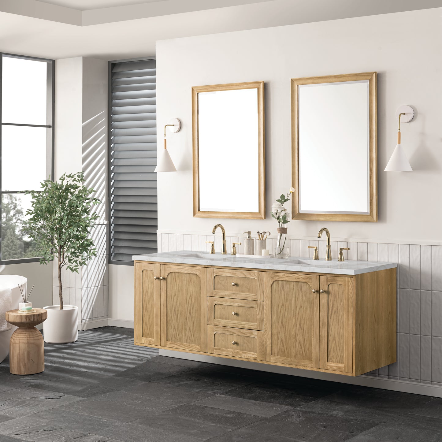 Renovate for Less Atlanta Laurent 72" Double Vanity, Light Natural Oak w/ 3 CM Victorian Silver Top
