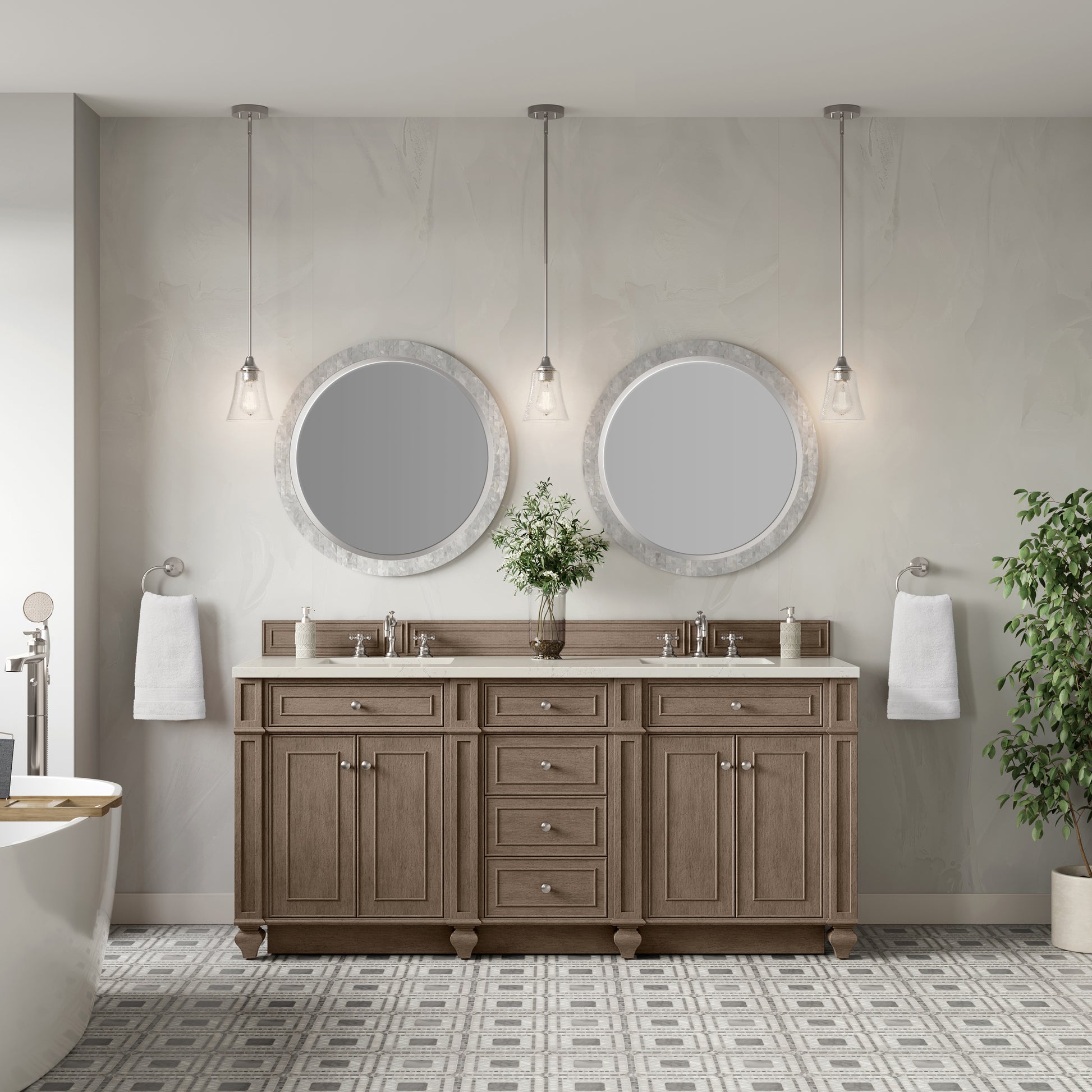 Renovate for Less Atlanta Bristol 72" Double Vanity, Whitewashed Walnut, w/ 3 CM Siberian Silestone Top w/FreePower Wireless Charger