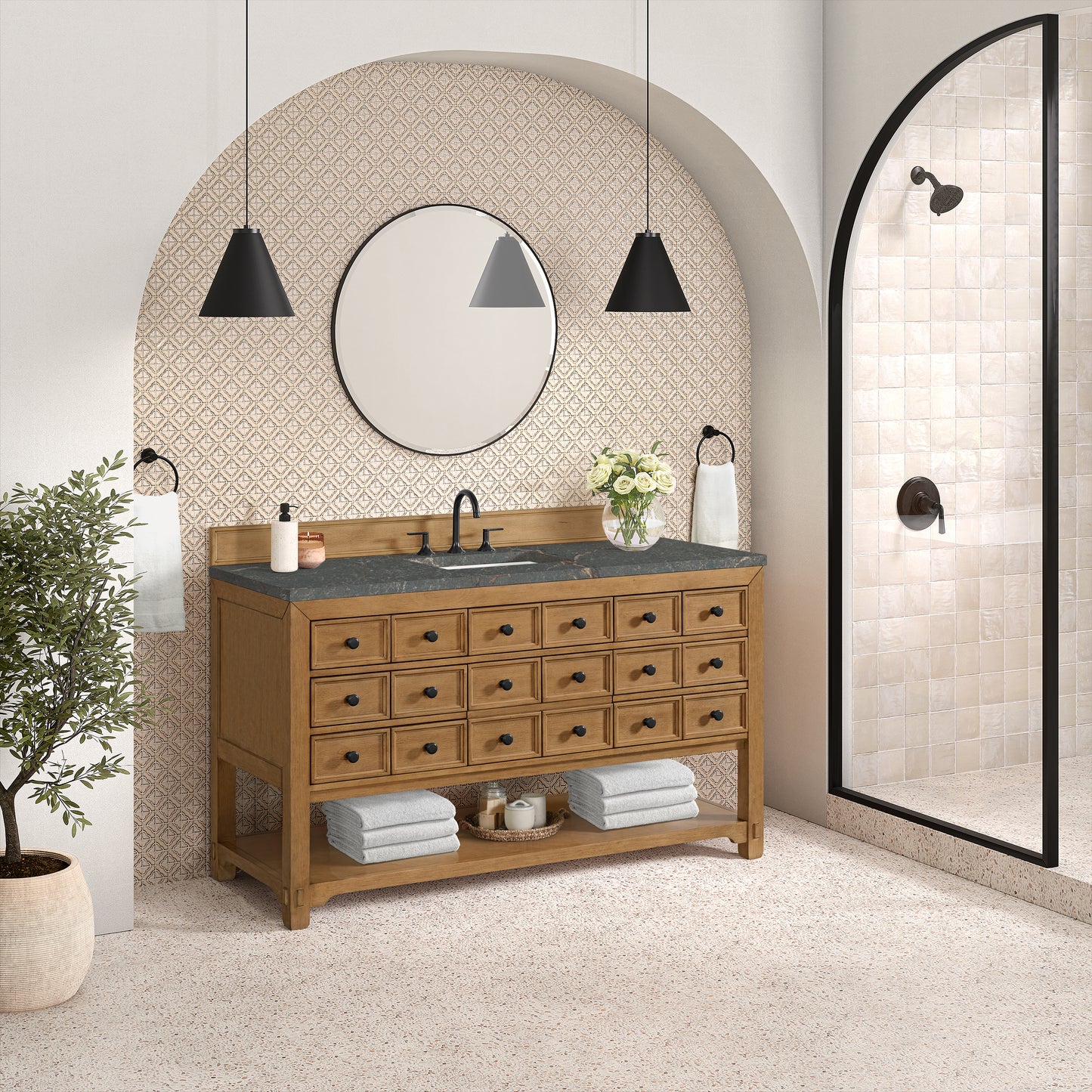 Renovate for Less Atlanta Malibu 60" Single Vanity, Amber Birch w/ 3 CM Parisien Bleu Top