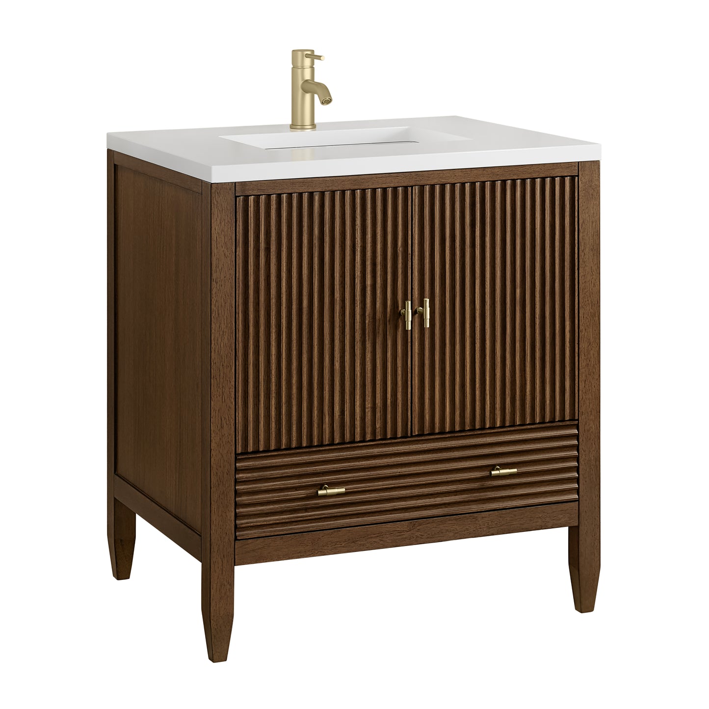 Renovate for Less Atlanta Myrrin 30" Single Vanity, Mid-Century Walnut w/ Single Hole 3 CM White Zeus Silestone Top and Matching Backsplash