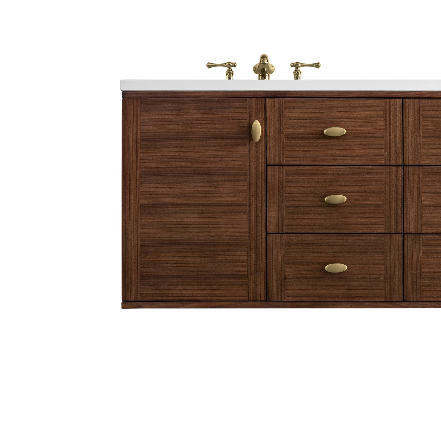 Renovate for Less Atlanta Amberly 60" Double Vanity, Mid-Century Walnut w/ 3 CM Eternal Jasmine Pearl Top w/FreePower Wireless Charger