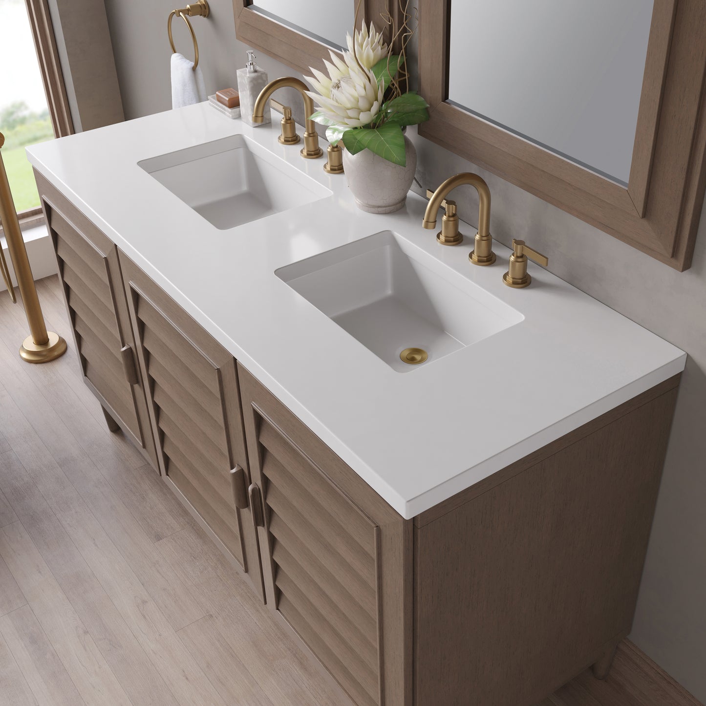 Renovate for Less Atlanta Portland 60" Double Vanity Whitewashed Walnut w/ 3 CM White Zeus Silestone Top