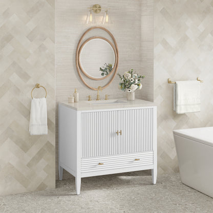 Renovate for Less Atlanta Myrrin 36" Vanity, Bright White, w/ 3 CM Siberian Silestone Top