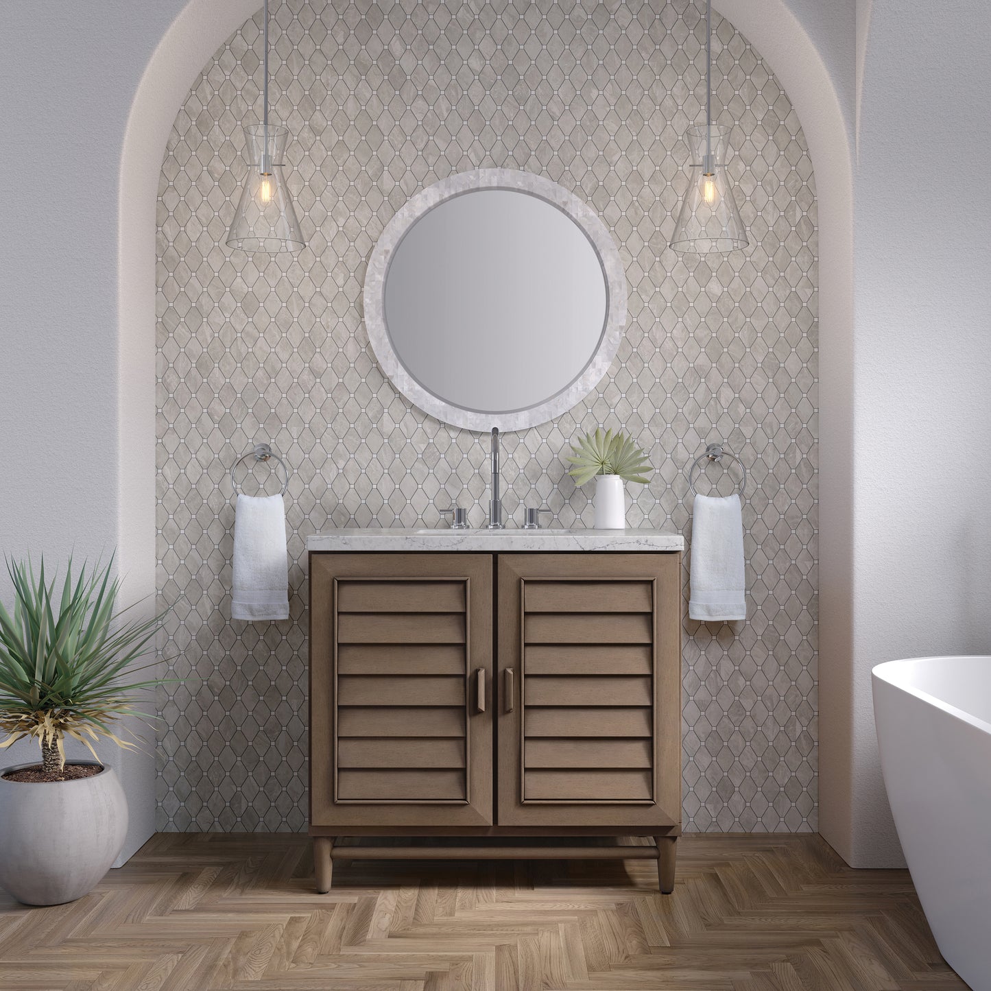 Renovate for Less Atlanta Portland 36" Single Vanity Whitewashed Walnut w/ 3 CM Eternal Jasmine Pearl Silestone Top
