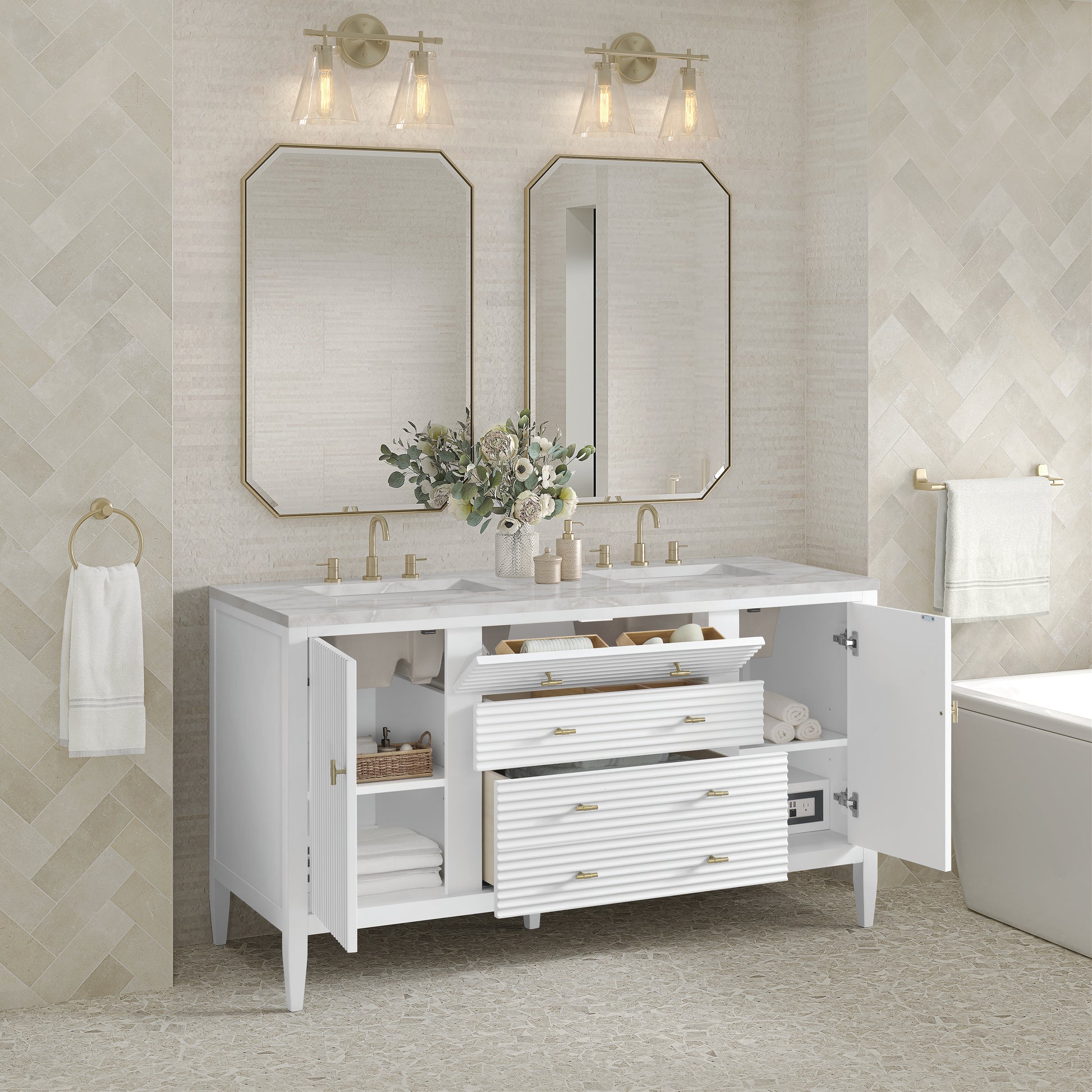 Renovate for Less Atlanta Myrrin 60" Double Vanity, Bright White w/ 3 CM Victorian Silver Silestone Top w/FreePower Wireless Charger