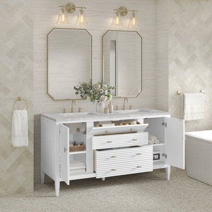 Renovate for Less Atlanta Myrrin 60" Double Vanity, Bright White w/ 3 CM Victorian Silver Silestone Top w/FreePower Wireless Charger