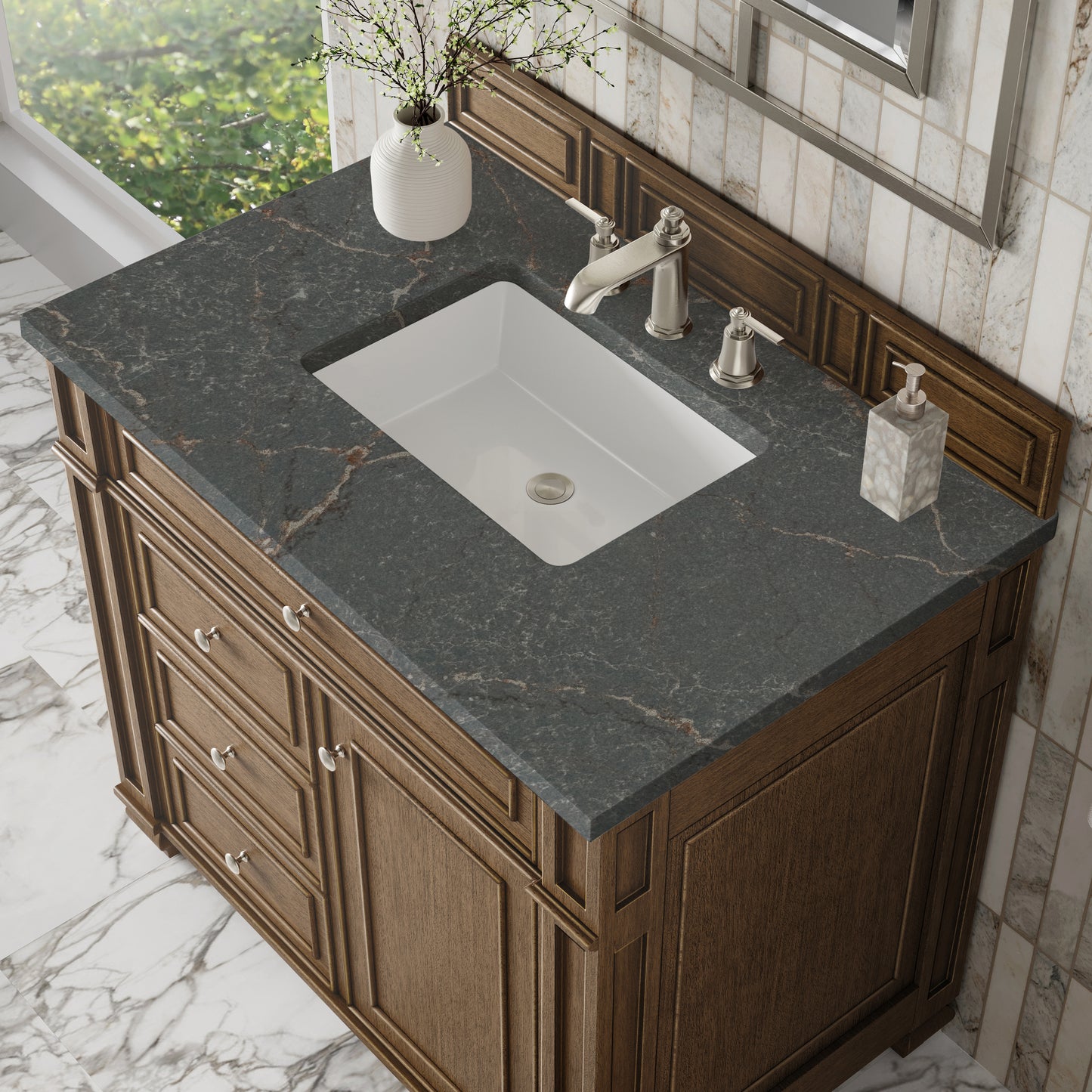 Renovate for Less Atlanta Bristol 36" Single Vanity, Saddle Brown w/ 3 CM Parisien Bleu Silestone Top
