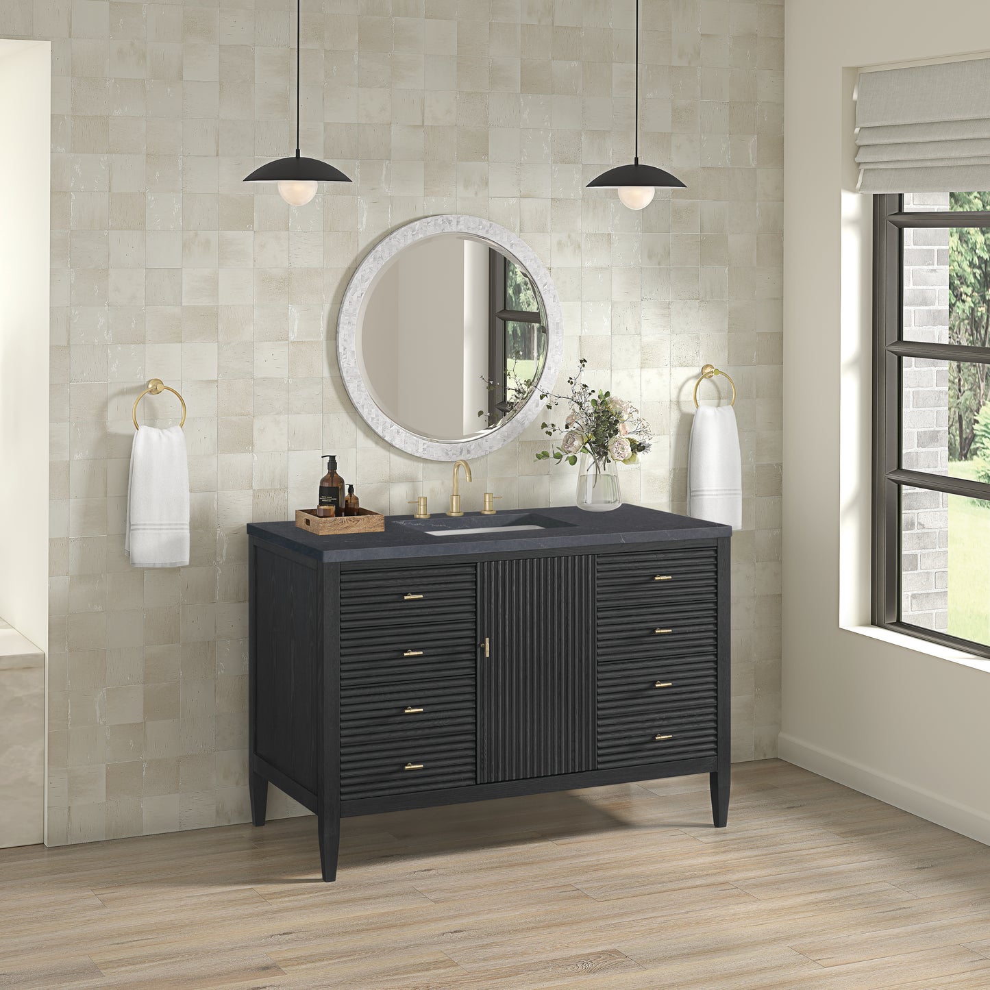 Renovate for Less Atlanta Myrrin 48" Single Vanity, Carbon Oak w/ 3 CM Charcoal Soapstone Silestone Top