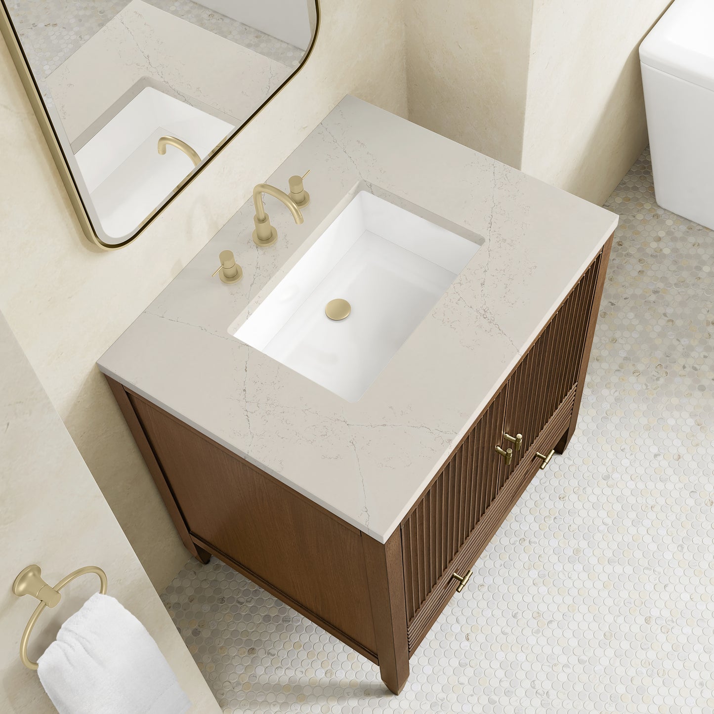 Renovate for Less Atlanta Myrrin 30" Single Vanity, Mid-Century Walnut w/ 3 CM Siberian Silestone Top