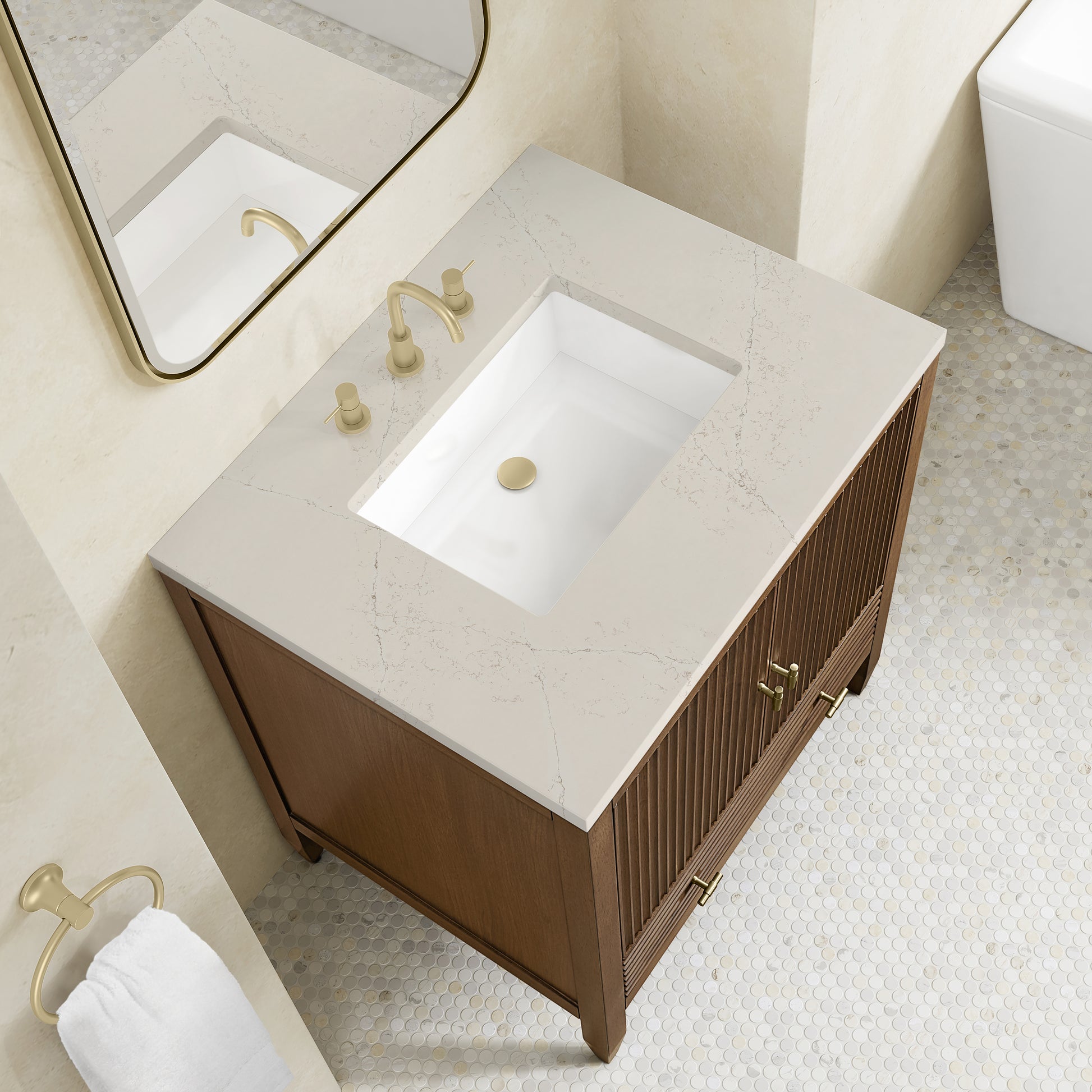 Renovate for Less Atlanta Myrrin 30" Single Vanity, Mid-Century Walnut w/ 3 CM Siberian Silestone Top