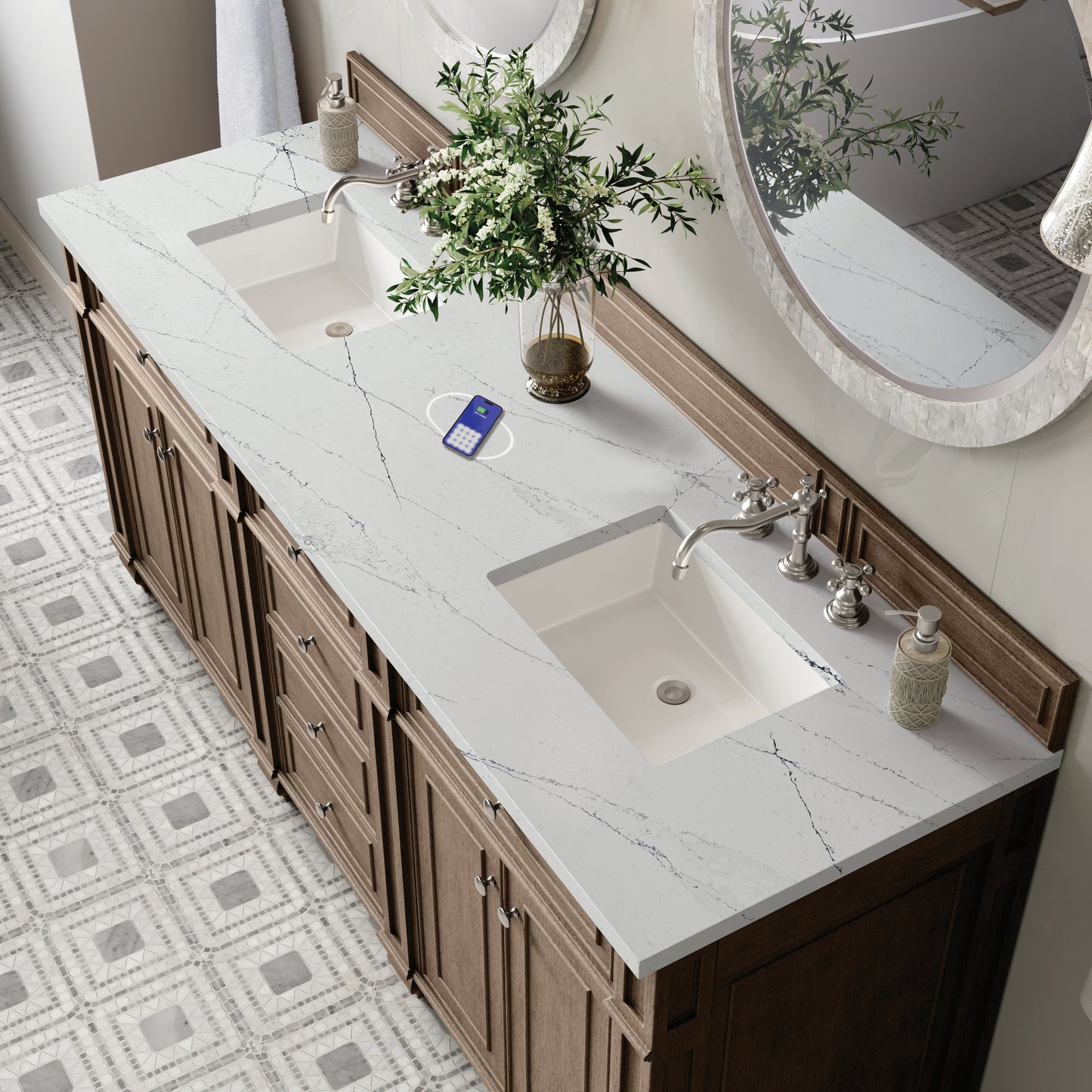 Renovate for Less Atlanta Bristol 72" Double Vanity, Whitewashed Walnut w/ 3 CM Ethereal Noctis Silestone Top w/FreePower Wireless Charger
