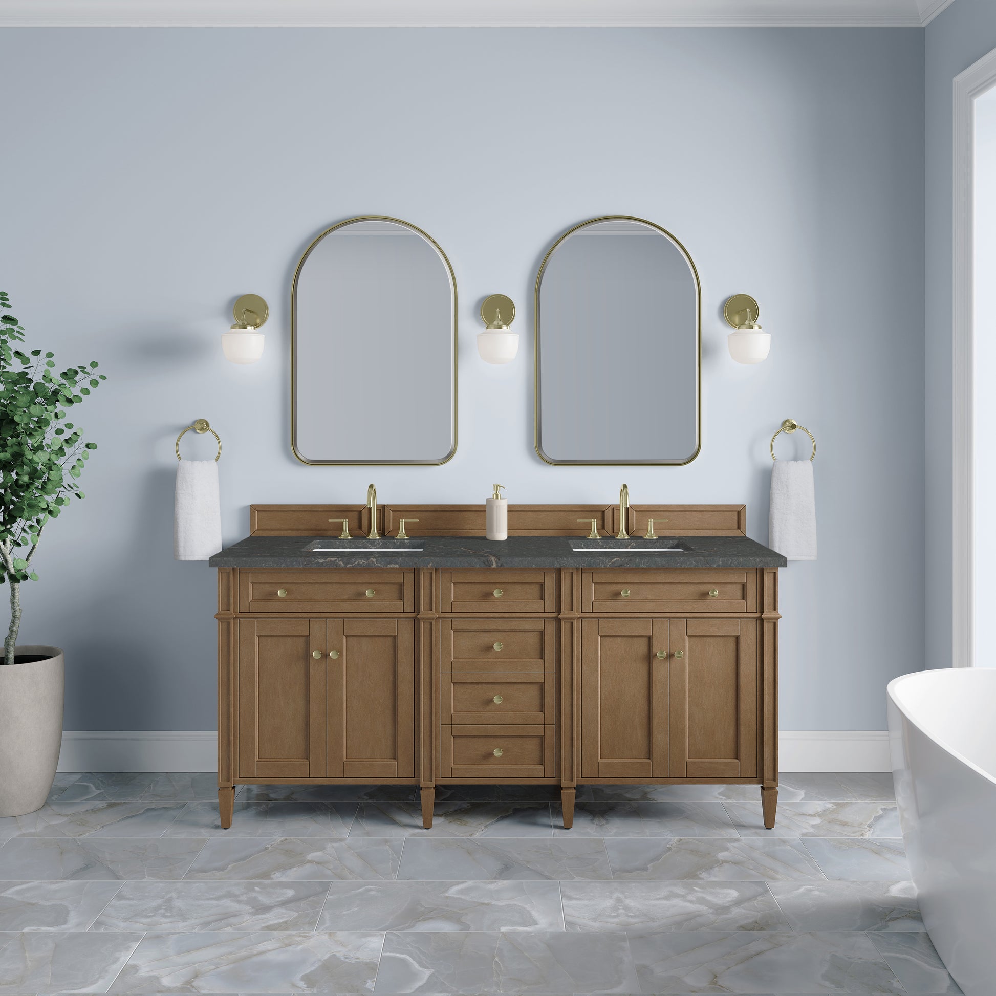 Renovate for Less Atlanta Brittany 72" Double Vanity, Pecan w/ 3 CM Parisien Bleu Silestone Top w/FreePower Wireless Charger