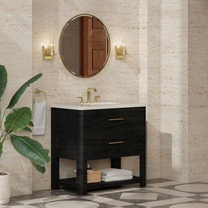 Renovate for Less Atlanta Lucian 36" Single Vanity, Carbon Oak, w/ 3 CM Siberian Silestone Widespread Top