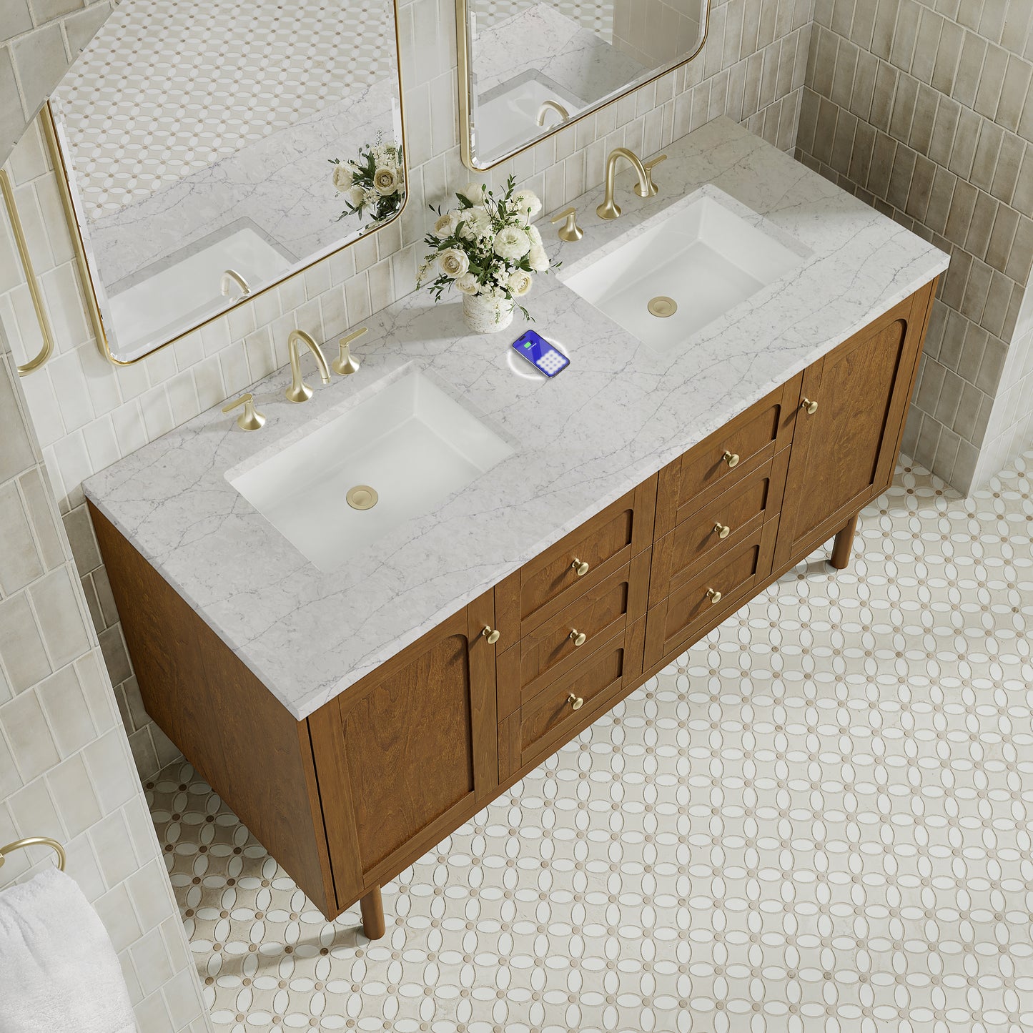 Renovate for Less Atlanta Laurent 60" Double Vanity, Honey Oak w/ 3 CM Eternal Jasmine Pearl Silestone Top w/FreePower Wireless Charger