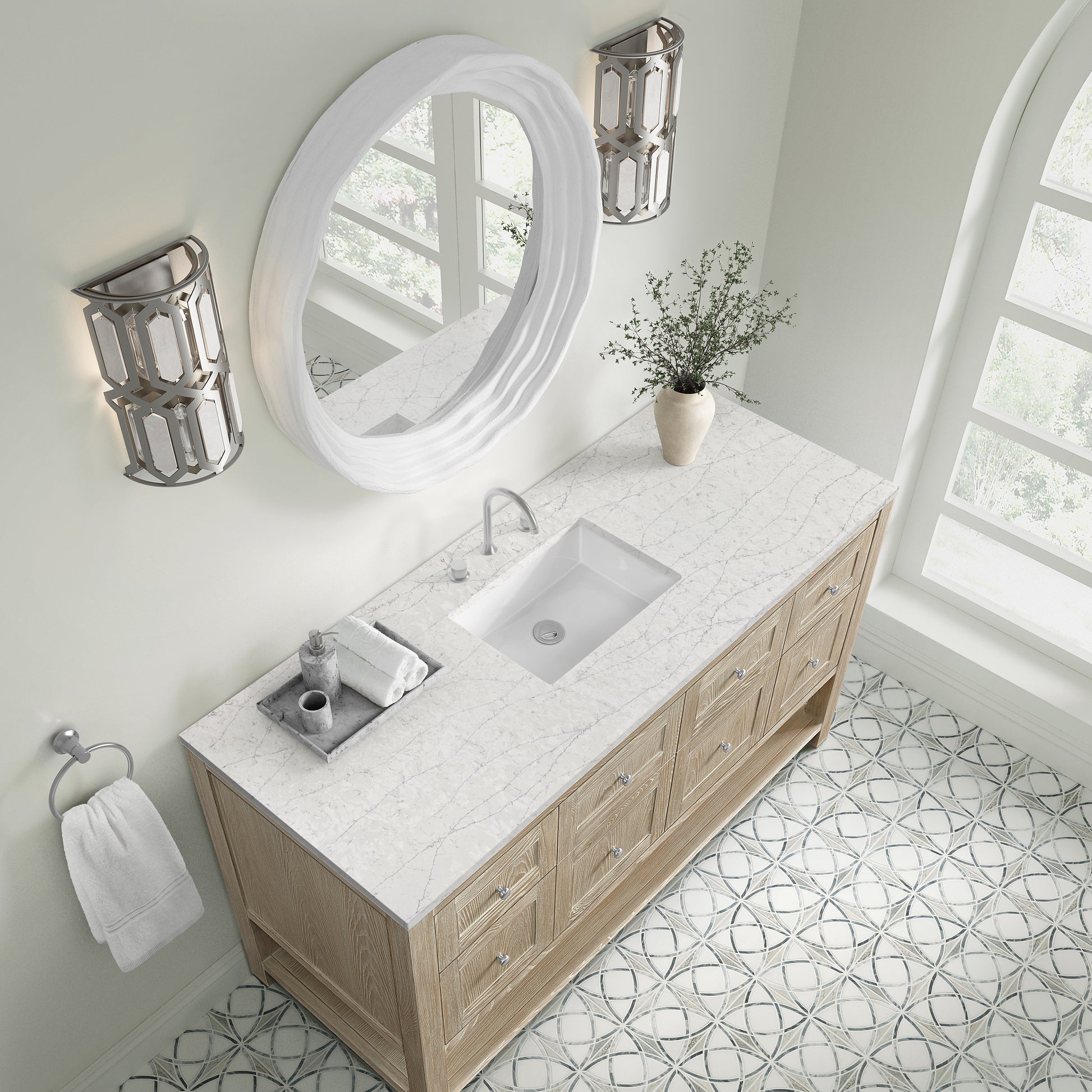 Renovate for Less Atlanta Breckenridge 60" Single Vanity, Whitewashed Oak, w/ 3 CM Eternal Jasmine Pearl Quartz Top