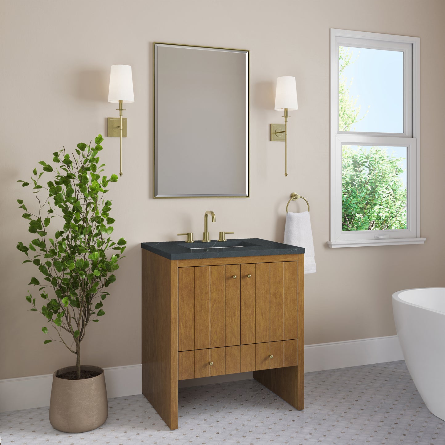 Renovate for Less Atlanta Hudson 30" Single Vanity, Honey Oak w/ 3 CM Charcoal Soapstone Silestone Top